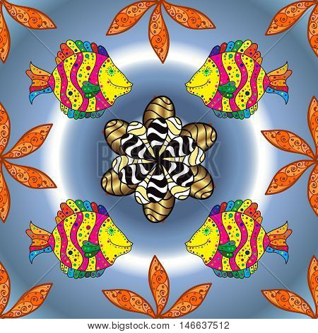 vivid seamless abstract hand drawn pattern with plants and doodles fishes.