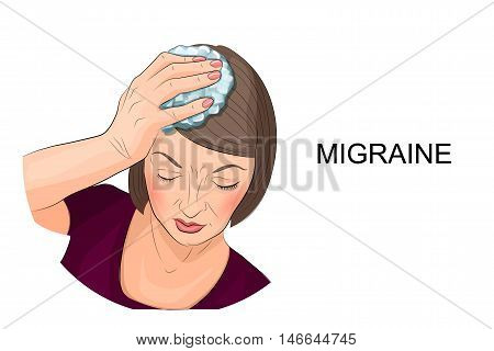 illustration of a woman suffering from headache holding ice on his head