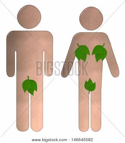Toilet sign 3D illustration with a nude male and female with their private parts covered with leaves on and isolated white background with a clipping path