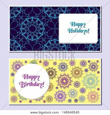 Set of delicate universal cards. Geometric and spirograph textures. Wedding, birthday, anniversary, Valentin day, party invitations. Stock vector illustration.