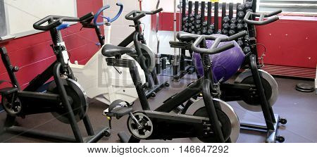 Stationary bikes and weights and other workout equipment