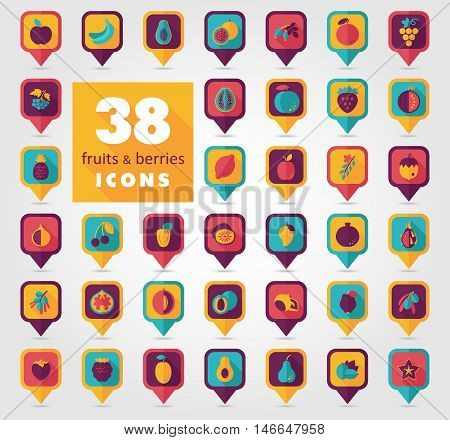 Set of Fruits and Berries pin map icon. Map pointer. Map markers. Vector illustration eps 10