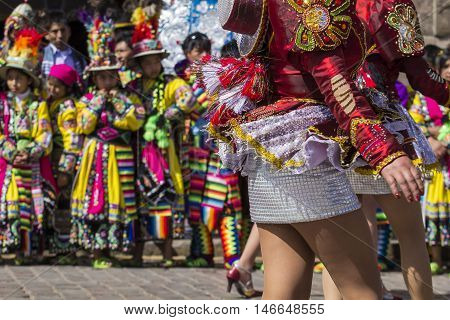 Cusco - Peru - June 06, 2016 : Peruvian Dancers At The Parade In Cusco. People In Traditional Clothe