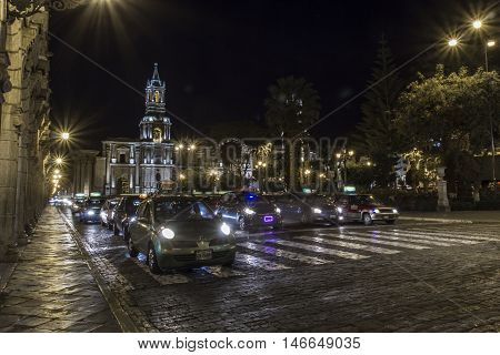 Arequipa, Peru - May 06, 2016: Colonial Houses On Plaza De Armas Square In Arequipa, Peru