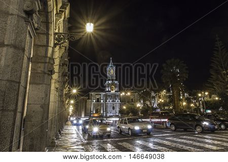 Arequipa, Peru - May 06, 2016: Colonial Houses On Plaza De Armas Square In Arequipa, Peru