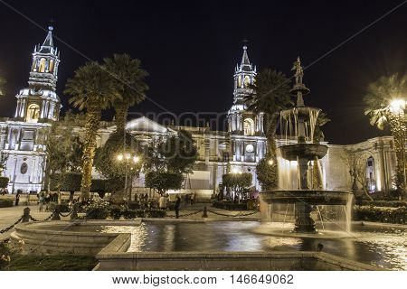 Arequipa, Peru - May 06, 2016: Colonial Houses On Plaza De Armas Square In Arequipa, Peru