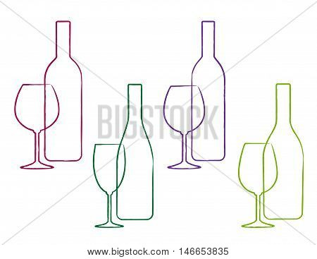 linear wine set of colorful bottle and glass icon