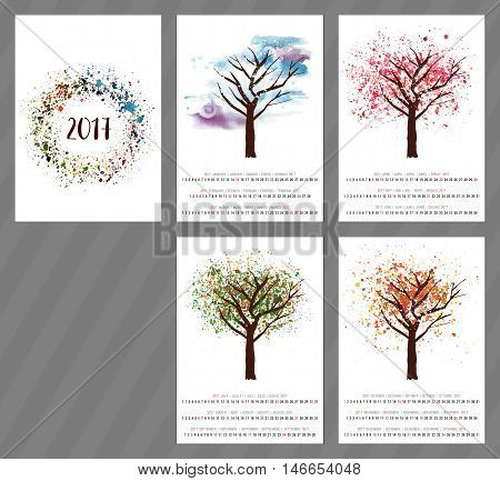 A scalable vector calendar for the year 2017 with a watercolor and vector drawing of a tree changing as the seasons change, with four pages and a cover with an abstract texture, with copyspace