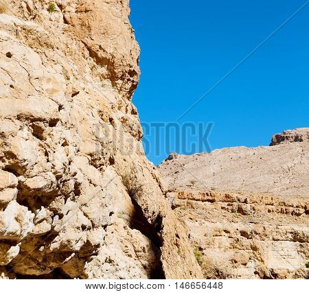 In Oman  The Old Mountain Gorge And Canyon The Deep Cloudy  Sky