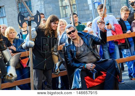 MOSCOW RUSSIA - SEPTEMBER 10 2016: Moscow City Day 869 anniversary of the city. Performance on Tverskaya Street. Installation dedicated to the 