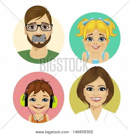 happy family face portrait of father, mother, daughter and son over white background
