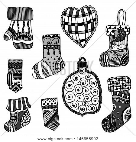 Monochrome Christmas toys set. New Year, doodling. Retro Vintage Merry Christmas Background, Hand Drawn, Vector illustration