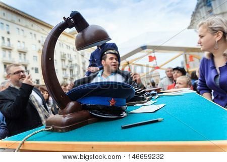 MOSCOW RUSSIA - SEPTEMBER 10 2016: Moscow City Day 869 anniversary of the city. Performance on Tverskaya Street. Installation dedicated to the 