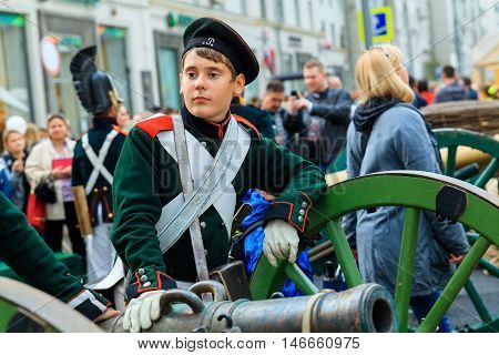 MOSCOW RUSSIA - SEPTEMBER 10 2016: Moscow City Day 869 anniversary of the city. Performance on Tverskaya Street. Installation dedicated to the 