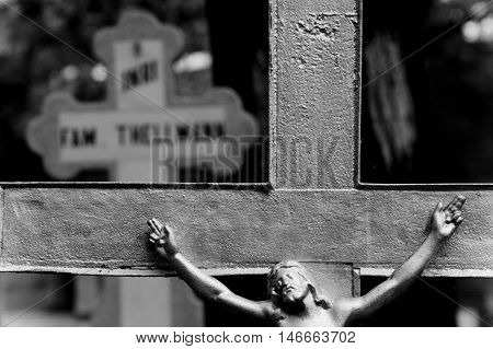 Black and white closeup of Jesus on the cross.
