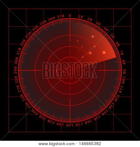 Military green radar. Screen with target. Futuristic HUD interface. Stock vector .