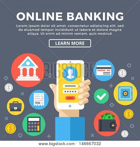 Online banking, e-banking concept. Manage bank account via mobile phone. Modern graphic objects, flat icons set for web design, banner, infographics, printed materials. Flat design vector illustration