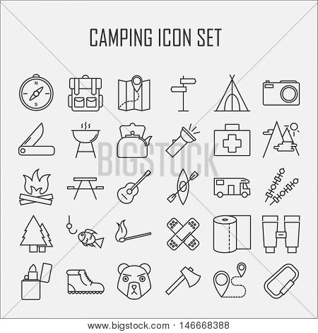 Camping icons.  Backpack, axe, hiking boots, map, compass and other things for camping. Line art vector illustration.