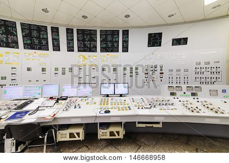 The central control room of nuclear power plant. Detail of the control panel pumping equipment.