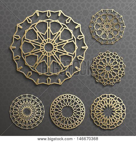 Islamic ornament vector , persian motiff . 3d ramadan islamic round pattern elements . Geometric logo template set. Circular ornamental arabic symbols .