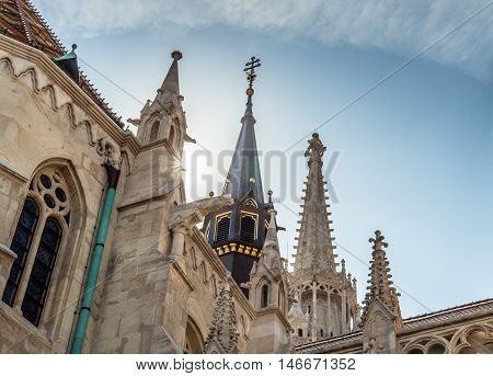 Skyward view of French Gothic style Matthias Church Buda Castel Hungary