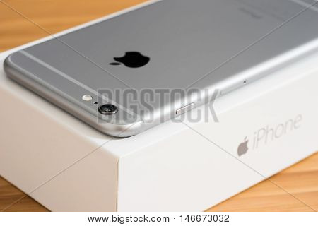 UFA RUSSIA - 3 JULY 2016: iPhone 6 Plus is a smartphone developed by Apple Inc. iPhone 6 Plus is on the box.