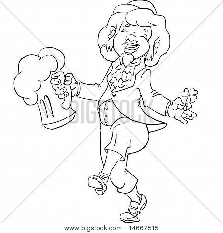 Freihand-tanzende Kobold mit Becher Bier und Shamrock.eps8