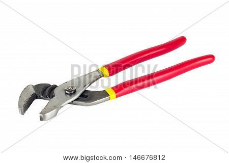 Pipe wrench with red grasp isolated on white background.