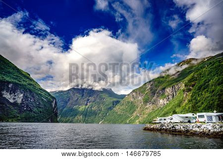 Geiranger fjord, Beautiful Nature Norway. It is a 15-kilometre (9.3 mi) long branch off of the Sunnylvsfjorden, which is a branch off of the Storfjorden (Great Fjord).