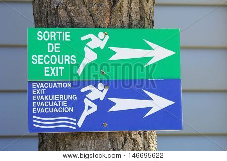 St-aygulf, Provence, France - August 27 2016: Emergency Exit And Evacuation Signs On A Campsite In T