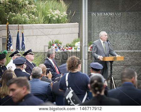 NEW YORK - SEPT 9 2016: New York Police Commissioner William Bratton speaks at the NYPD Emerald Society Pipe and Drums 9/11 Memorial Commemoration Service on the 15th anniversary of the terror attack.