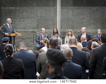 NEW YORK - SEPT 9 2016: New York Police Commissioner William Bratton speaks at the NYPD Emerald Society Pipe and Drums 9/11 Memorial Commemoration Service on the 15th anniversary of the terror attack.