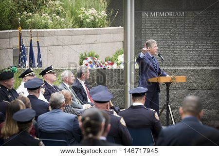 NEW YORK - SEPT 9 2016: New York PBA President Pat Lynch speaks at the NYPD Emerald Society Pipe and Drums 9/11 Memorial Commemoration Service marking the 15th anniversary of the terror attacks.