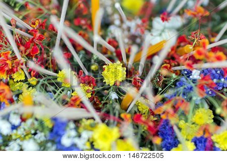 Colorful of the flowers with incense in thailand