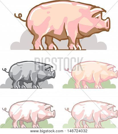 Pig color symbol. animal on the background of green wood