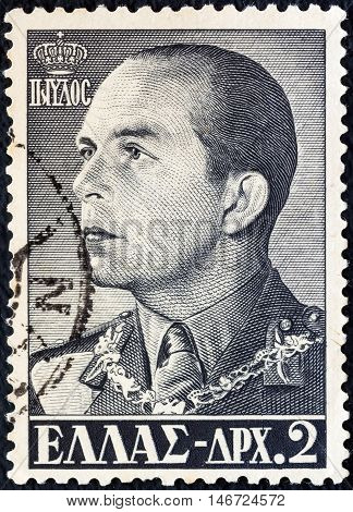 GREECE - CIRCA 1956: A stamp printed in Greece shows king Paul of Greece, circa 1956.