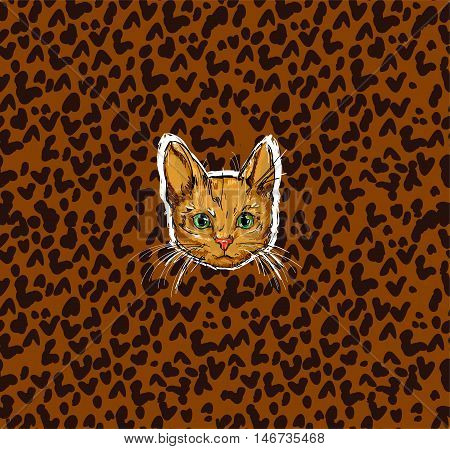 Red-headed cat, cat illustration, vector cat, Cat on leopard print background