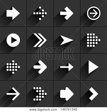 16 arrow flat icon with black long shadow. White sign on dark gray background. Tidy clean simple minimal solid plain style. Vector illustration web internet design element 8 eps