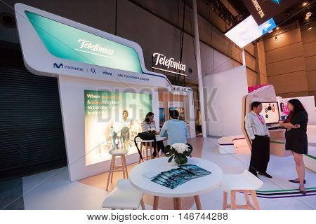 SHANGHAI CHINA - SEPTEMBER 2 2016: Booth of Telefonica company at Connect 2016 information technology conference and exhibition in Shanghai China on September 2 2016.