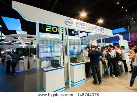 SHANGHAI CHINA - SEPTEMBER 2 2016: Booth of Intel company at Connect 2016 information technology conference and exhibition in Shanghai China on September 2 2016.