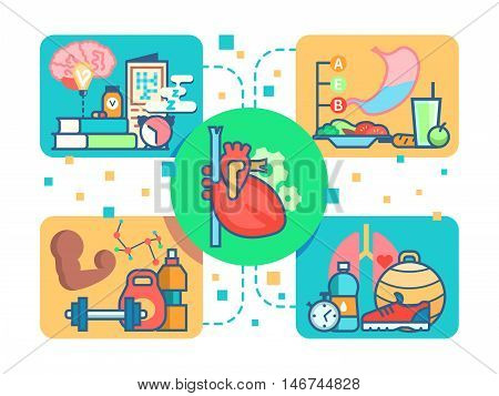 Healthy lifestyle concept. Sport and natural food. Vector flat illustration