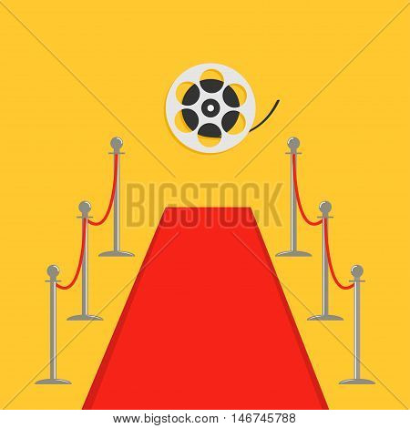 Red carpet and rope barrier golden stanchions turnstile Movie premiere Cinema reel. Isolated template Yellow background. Flat design Vector illustration