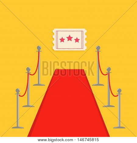 Red carpet and rope barrier golden stanchions turnstile Movie premiere ticket with stars. Isolated template Yellow background. Flat design Vector illustration