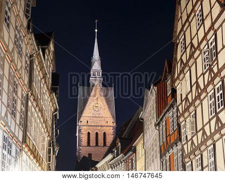 old town with market church and half-timbered houses in Hannover Germany