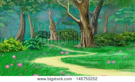 Footpath in a Fairy Tale Summer Forest. Digital Painting Background Illustration in cartoon style character.