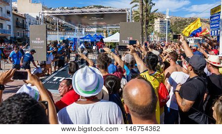 JAVEA - SEPTEMBER 9: Unidentified colombian people encourage Nairo quintana in the start for the decisive time trial stage of La Vuelta on September 9, 2016 in Alicante, Spain