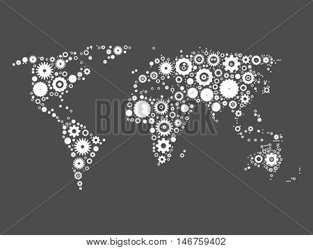 World map mosaic of white cog wheels on grey background. Industrial theme. Vector illustration.