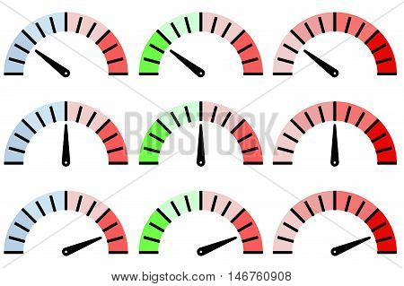 Universal measuring dial for speedometer tamperature gauge. Semi-circle. Vector illustration isolated on white background