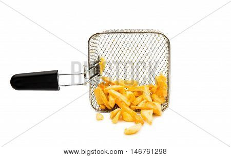 fried potatoes and frying pan basket on a white background