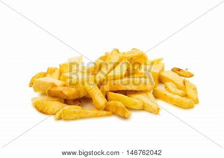 fried potatoes and frying pan basket on a white background